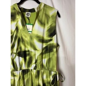 Anne Klein Midi Dress Womens Large Green Sprout White Abstract Print Sleeveless